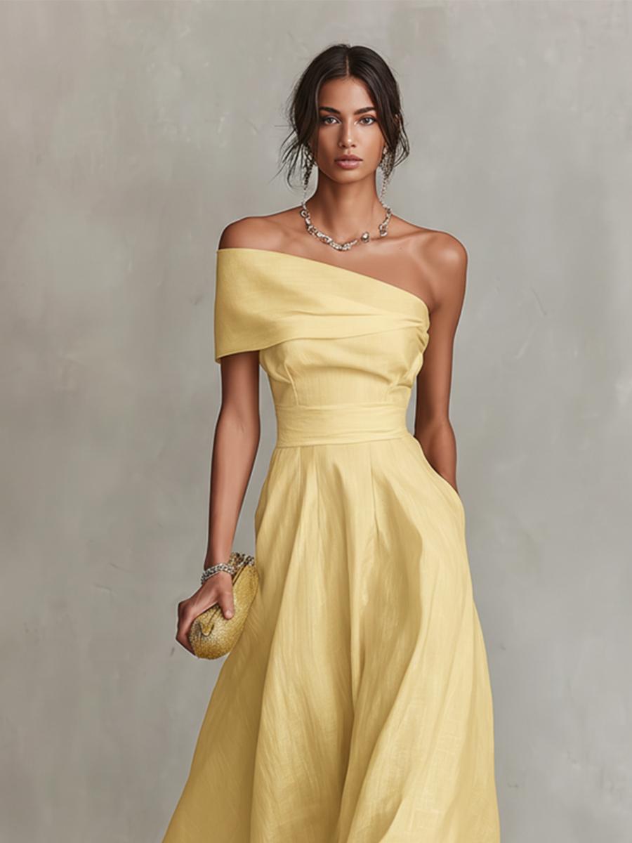 Yellow Linen Midi Dress One Shoulder Elegant Wedding Guest