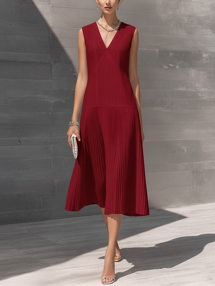 Burgundy Midi Dress with V-Neck and Pleated Skirt