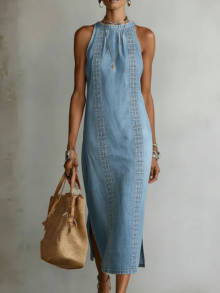 Denim Dress with Lace Detail | Retro Button Front Dress