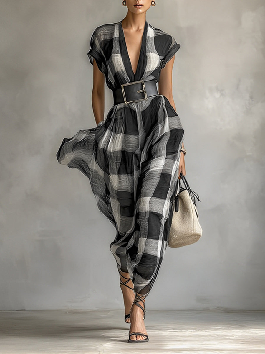 Plaid Linen Maxi Dress with Belt - V-Neck Cap Sleeve