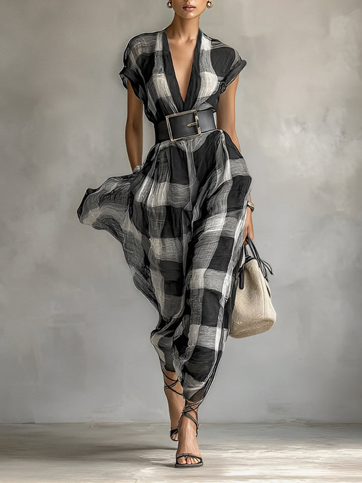 Plaid Linen Maxi Dress with Belt - V-Neck Cap Sleeve