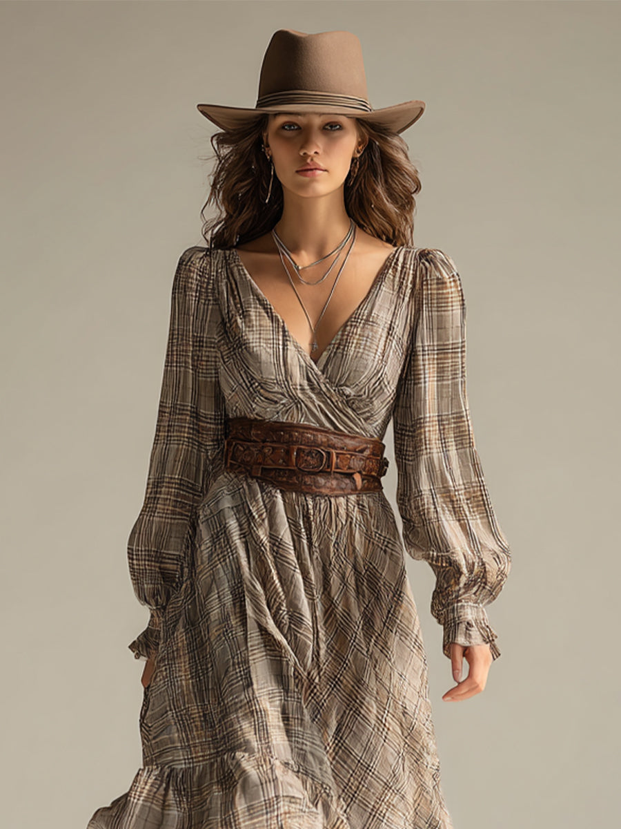 Plaid Midi Dress with Ruffles - Flowy Chiffon Bohemian Style