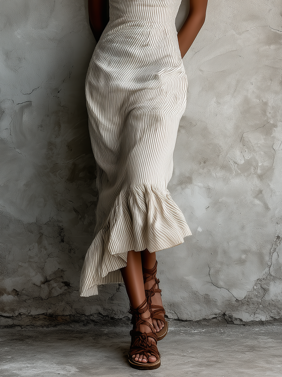 Striped Maxi Dress with Ruffled Asymmetric Hem for Women
