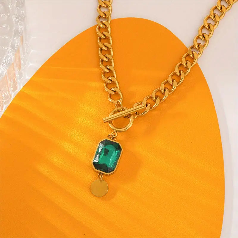 Gold Chain Necklace with Emerald Pendant | Chunky Statement Jewelry