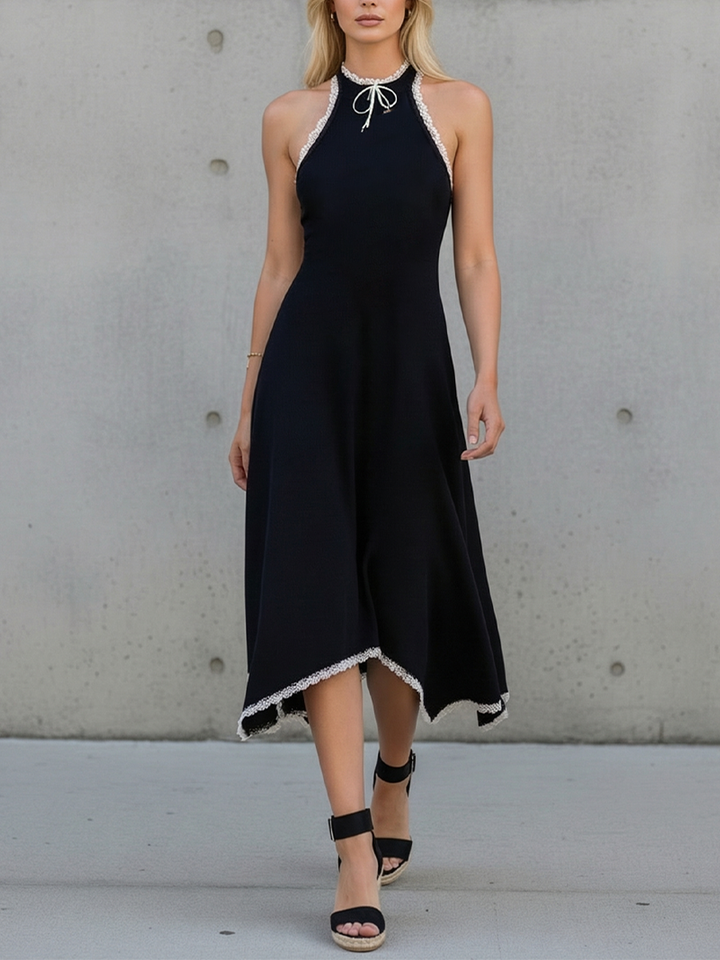 Black Halter Midi Dress with Lace Trim for Women