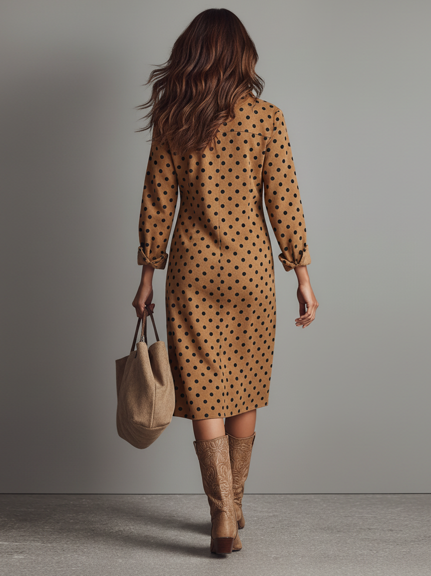 Polka Dot Midi Dress with Collar - Long Sleeve Shirt Dress