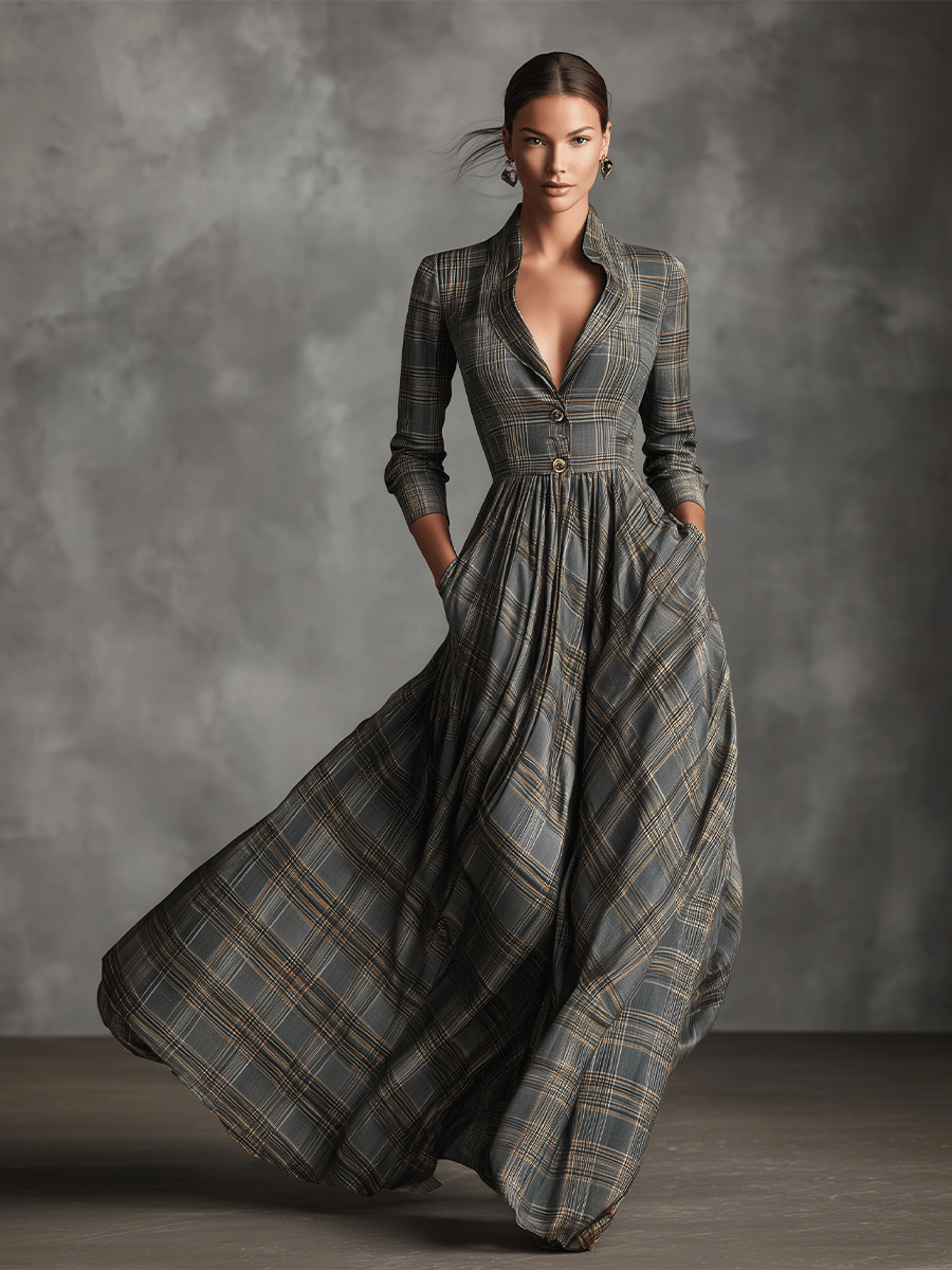 Tartan Maxi Dress for Women - Grey Linen Blend Long Sleeve