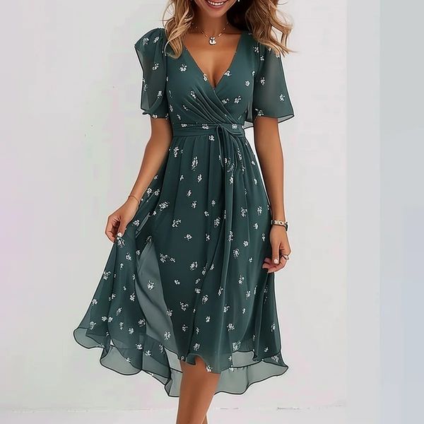 Printed Summer Dress Flowy Chiffon Midi for Women