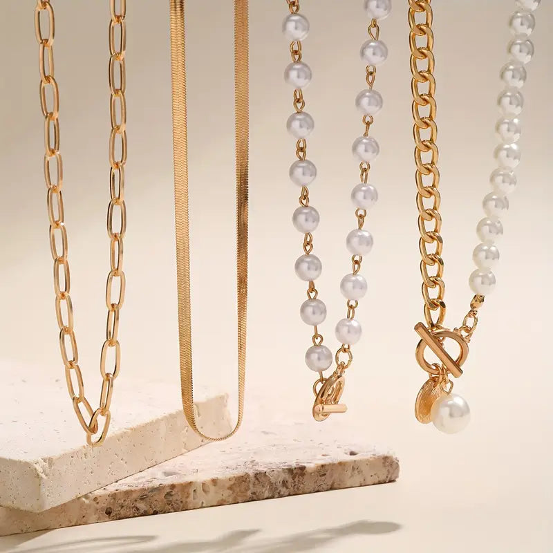 Pearl Snake Chain Necklace Set | Vintage Gold Layered Necklace