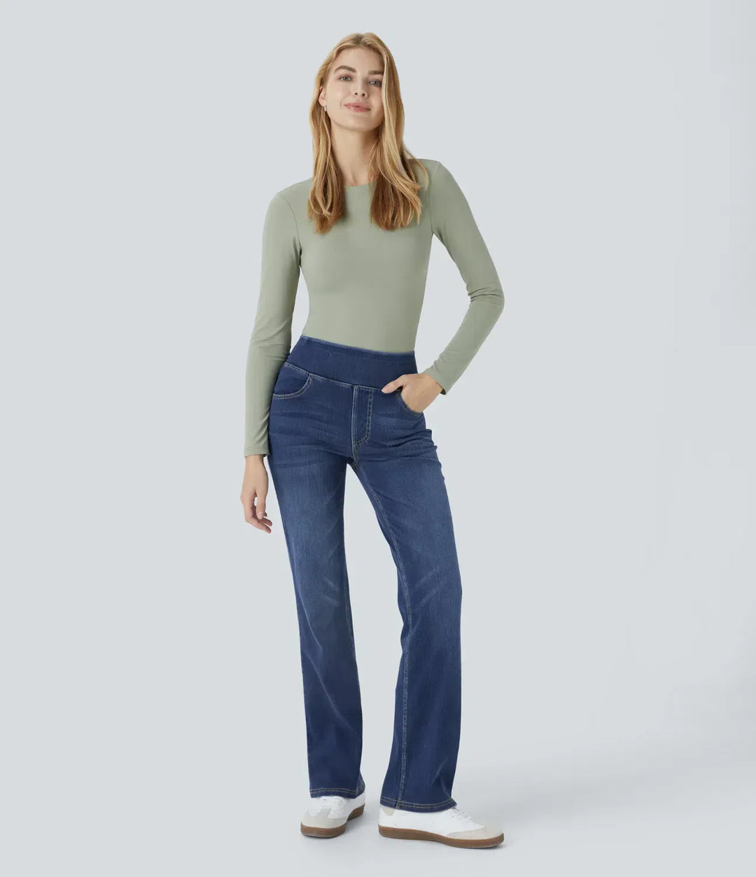 High Waisted Bootcut Jeans With Pockets - Stretch Denim