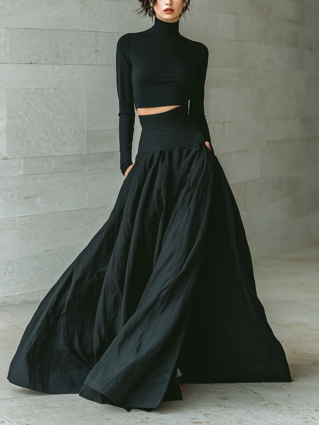 Black Turtleneck Crop Top and Maxi Skirt Set for Women