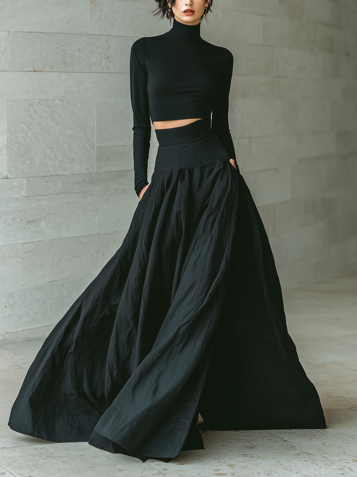 Black Turtleneck Crop Top and Maxi Skirt Set for Women