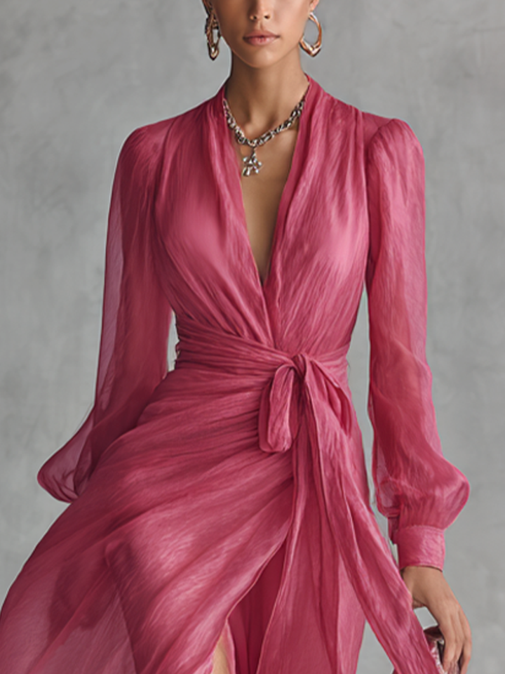 Long Chiffon Maxi Dress with Tie Waist V-Neck in Rose Pink