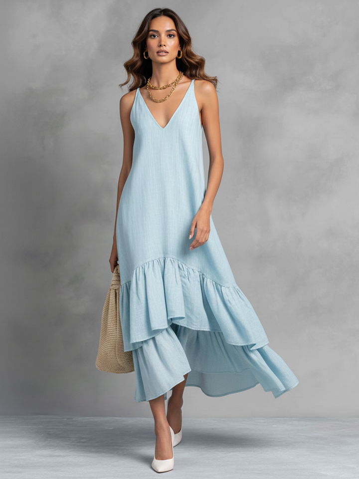 Maxi Dress Women Light Blue Cotton Linen V Neck Ruffle Hem
