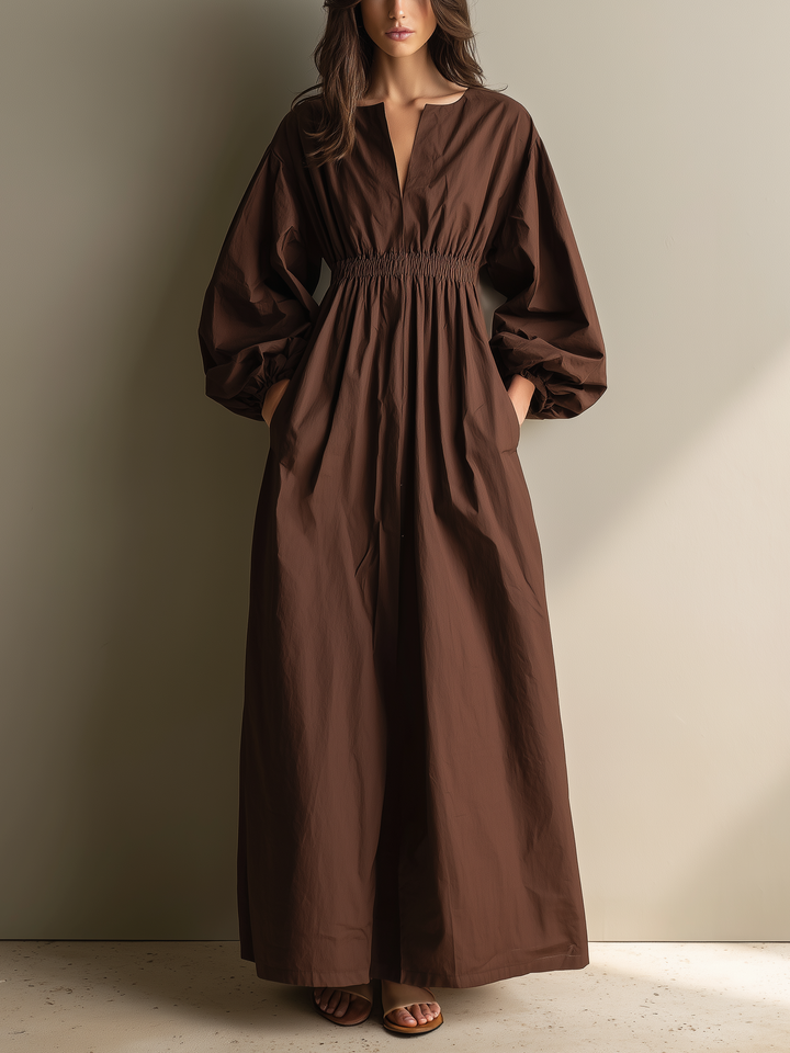 Cotton Linen Maxi Dress with V-Neck and Long Sleeves