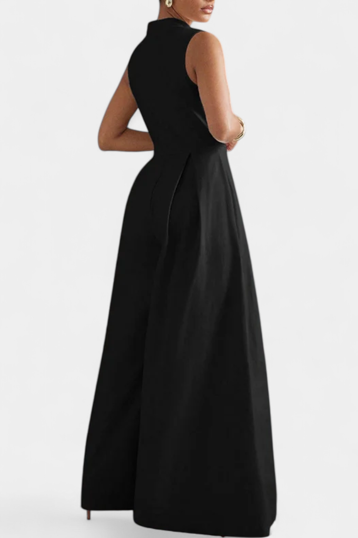 Wide Leg Jumpsuit - Sleeveless Pleated Round Neck for Women