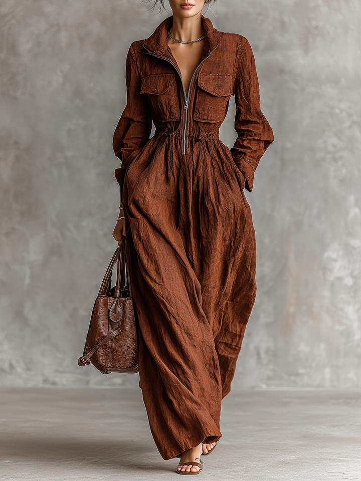Cotton Linen Maxi Dress With Elastic Waist And Collar Detail