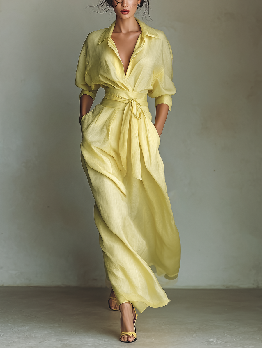 Maxi Shirt Dress in Lemon Yellow Linen Blend with Tie Waist