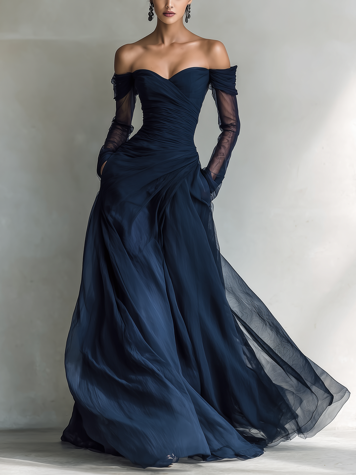 Off Shoulder Maxi Dress in Dark Blue Chiffon for Special Occasions