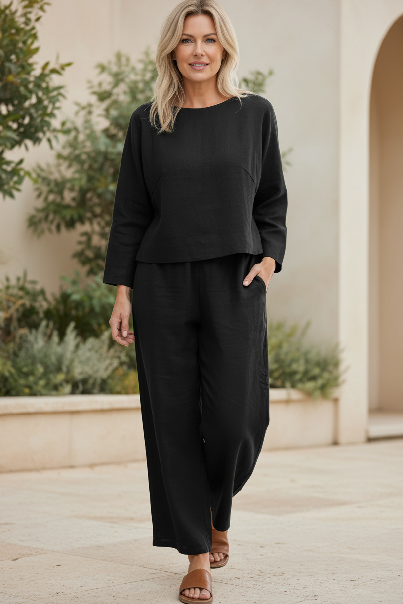 Two-Piece Set for Women - Relaxed Round Neck Top & Wide Leg Pants