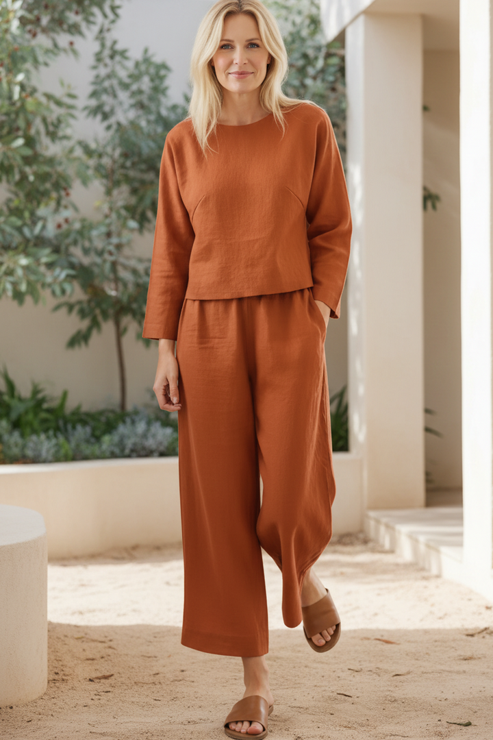 Two-Piece Set for Women - Relaxed Round Neck Top & Wide Leg Pants