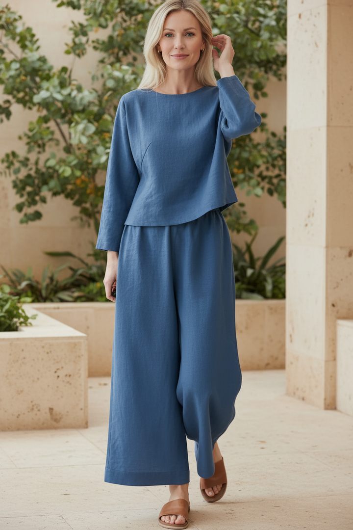 Two-Piece Set for Women - Relaxed Round Neck Top & Wide Leg Pants