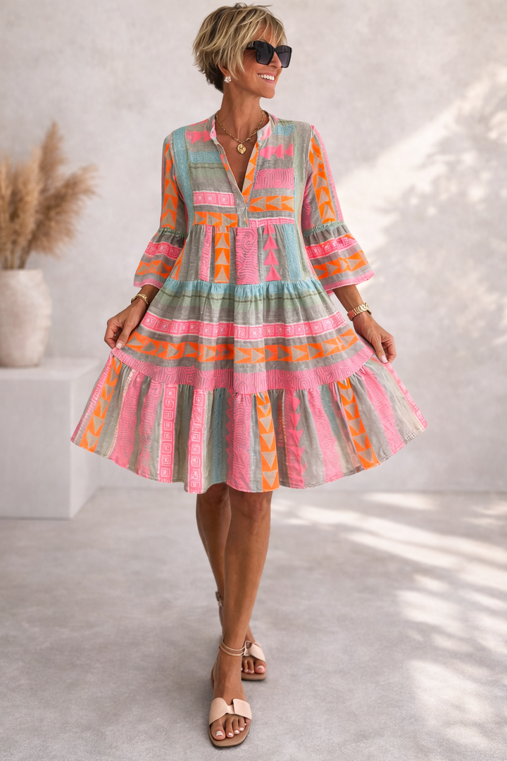 Midi Dress with Geometric Print - Flowy Relaxed Fit