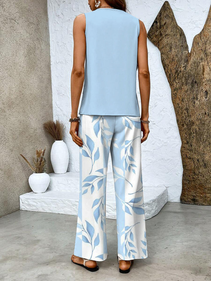 Two Piece Summer Set for Women - Elegant Sleeveless Top and Wide Leg Pants