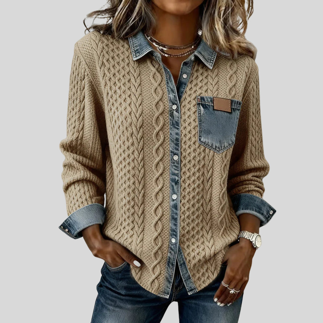 Denim Patchwork Shirt with Cable Knit Detail for Women