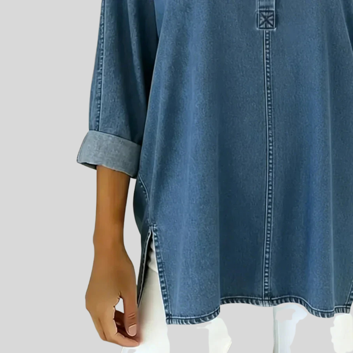 Denim Button Down Top - Women's V-Neck Casual Shirt
