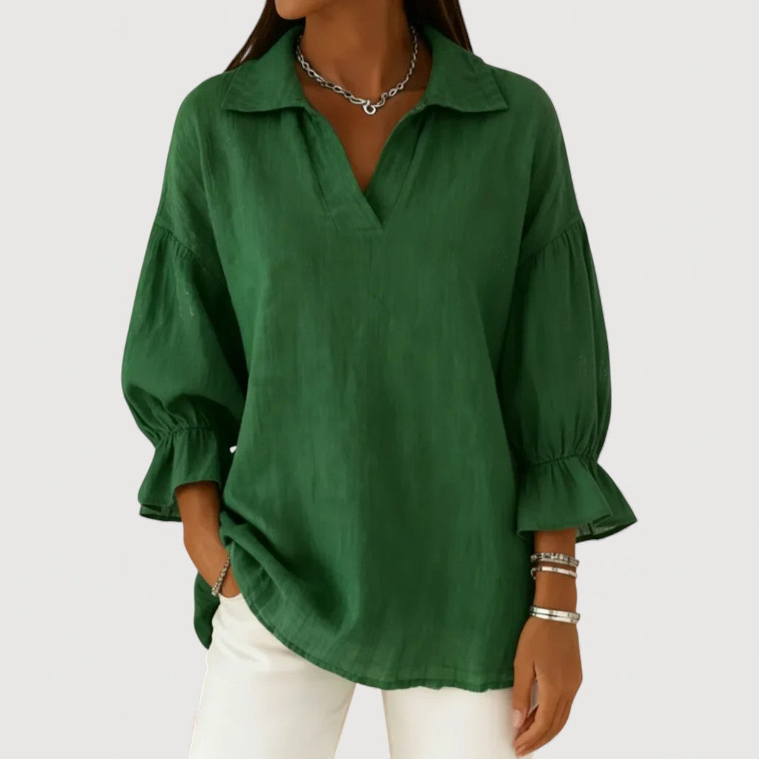Flowy Blouse with V-Neck and Flared Sleeves for Women