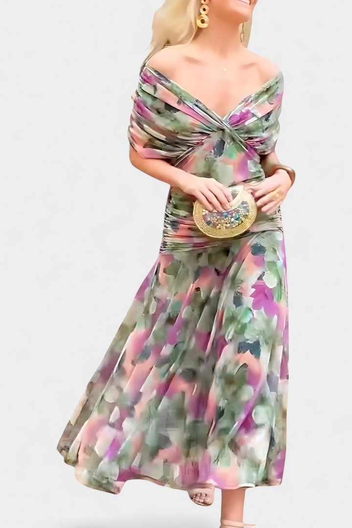 Floral V-Neck Maxi Dress with Pleated Waist - Long Sleeve