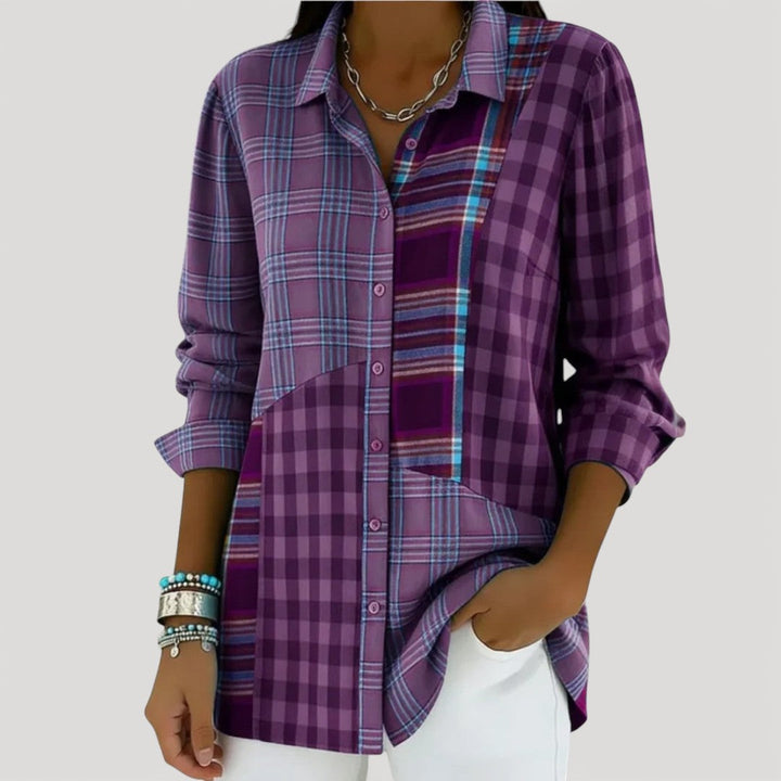 Patchwork Button Front Shirt for Women Classic Relaxed Fit