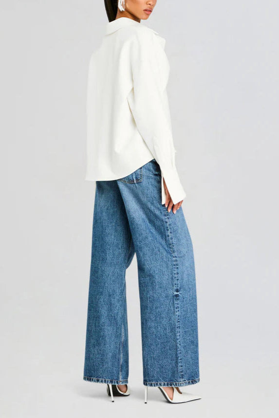 Draped Button Up Blouse for Women - Elegant Long Sleeve Top