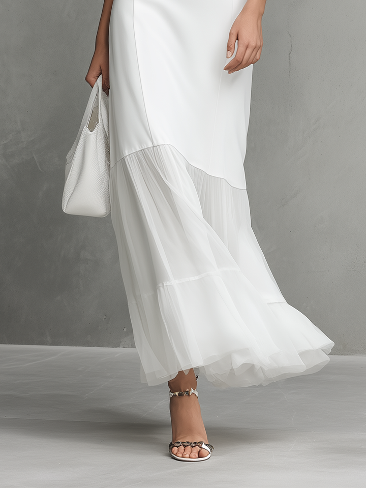 White Sleeveless Maxi Dress with Chiffon Ruffle Hem