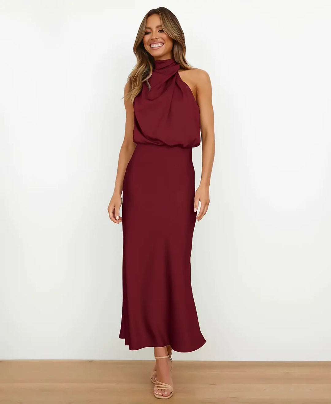 Midi Dress with Draped Neckline - Elegant Stretchy Fitted Dress
