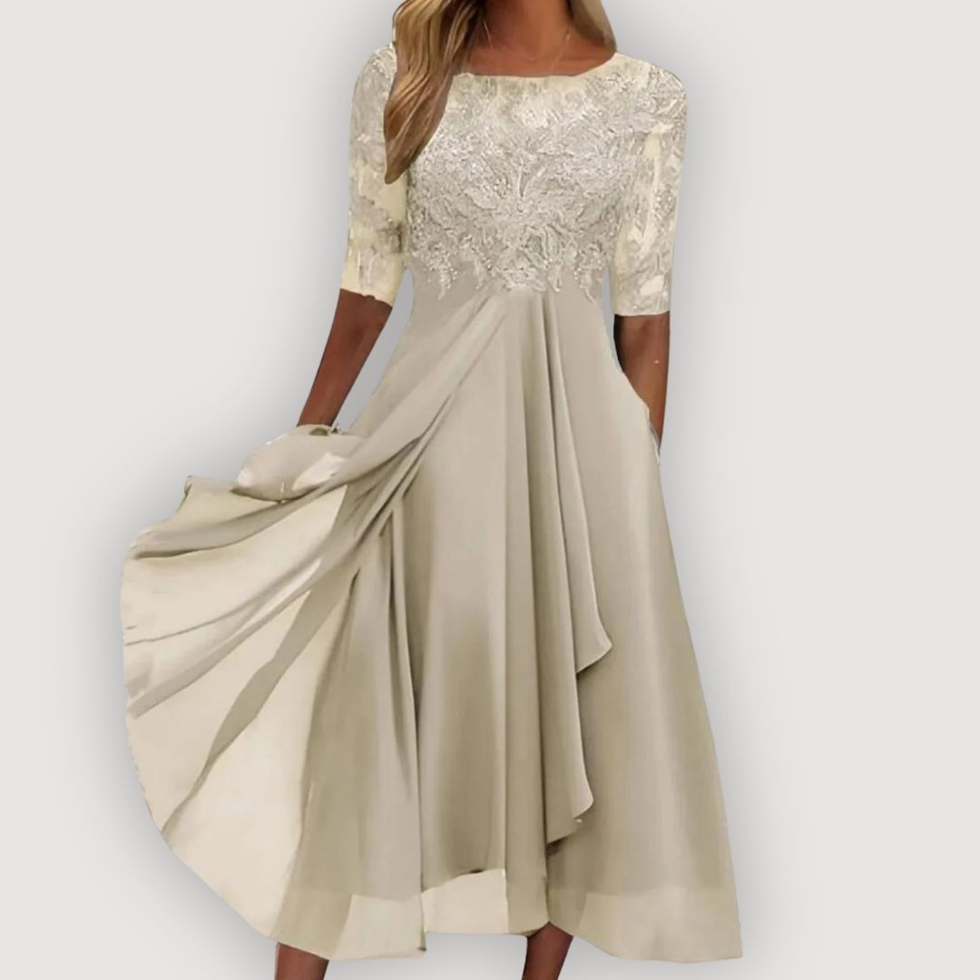 Chiffon Maxi Dress with Lace Bodice for Wedding Guest