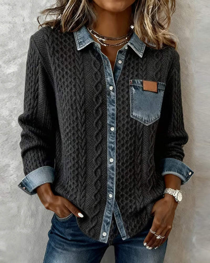 Denim Patchwork Button Down Shirt - Long Sleeve Cotton Blend Top