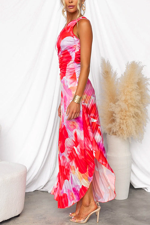 One Shoulder Maxi Dress Pleated Elegant Evening Gown