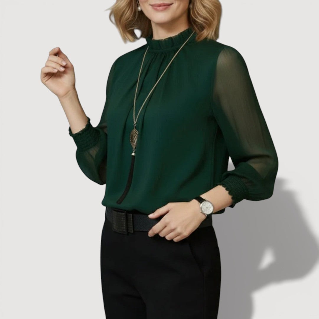 Elegant Blouse with Sheer Sleeves - Gathered Neckline Top