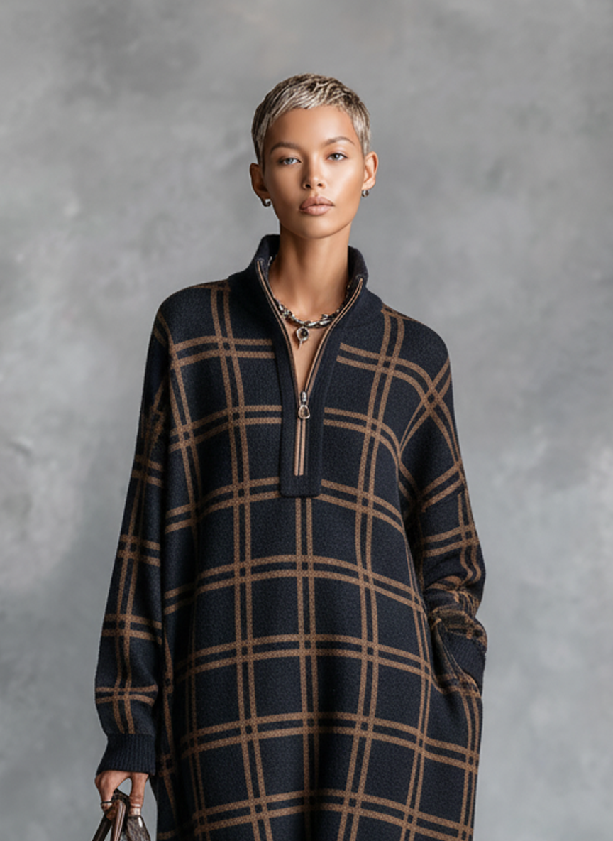 Plaid Knit Maxi Dress with Zipper Neck for Women