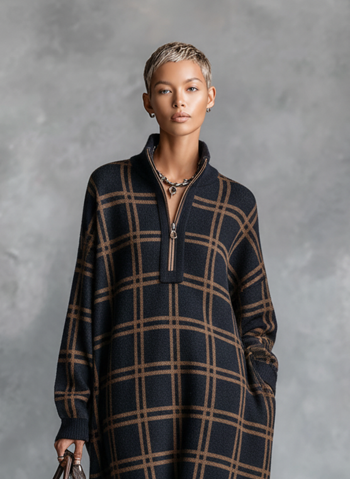 Plaid Knit Maxi Dress with Zipper Neck for Women