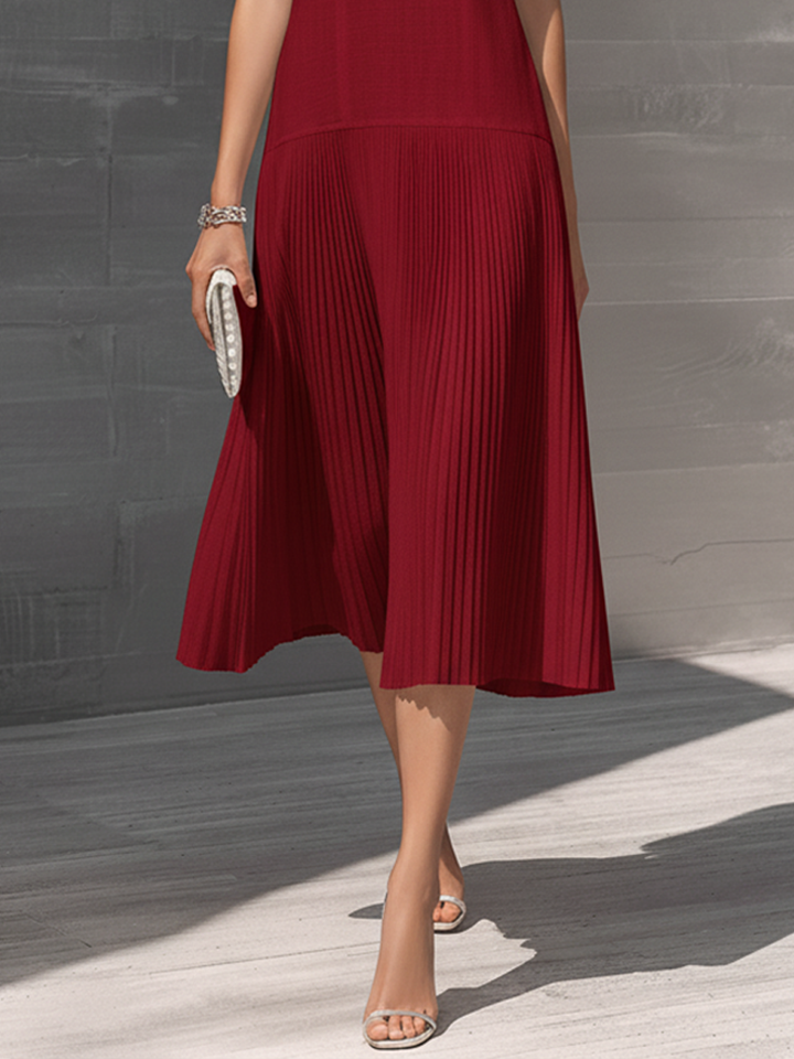 Burgundy Midi Dress with V-Neck and Pleated Skirt