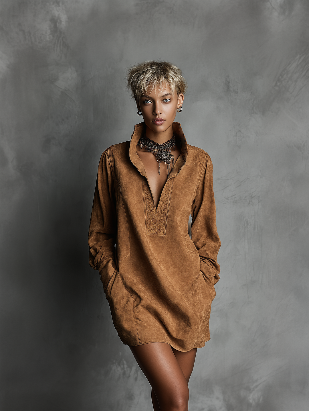 Long Sleeve V-Neck Casual Dress with Embossed Suede Texture