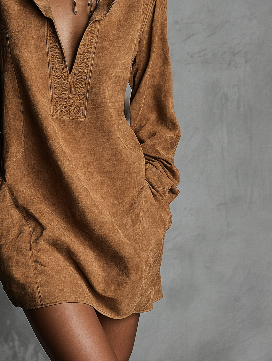 Long Sleeve V-Neck Casual Dress with Embossed Suede Texture