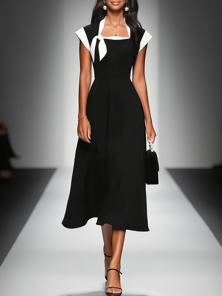 Colorblock Midi Dress with Square Neck and Cap Sleeves