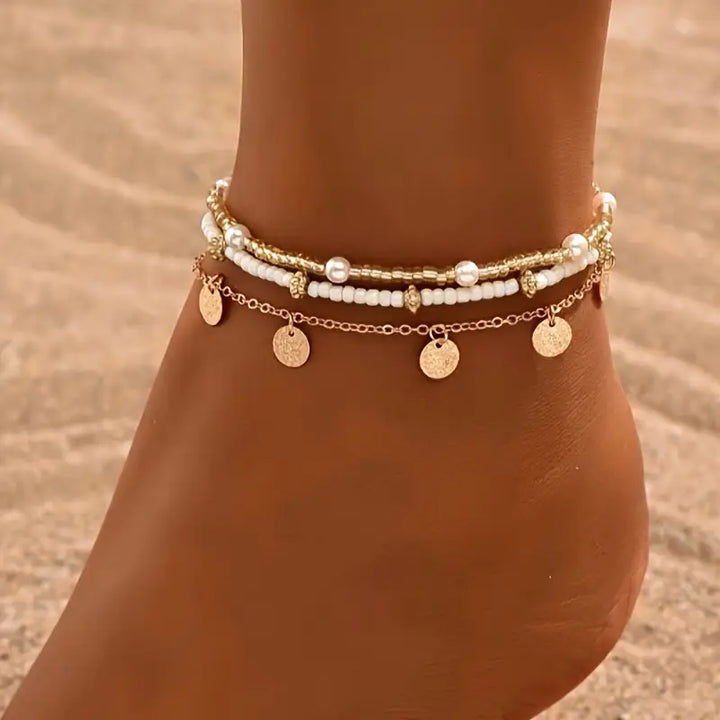Gold Layered Anklet Set - 3 Piece Coastal Beach Ankle Bracelets