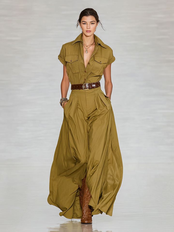 Cotton Maxi Shirt Dress with Short Sleeves and Button Front
