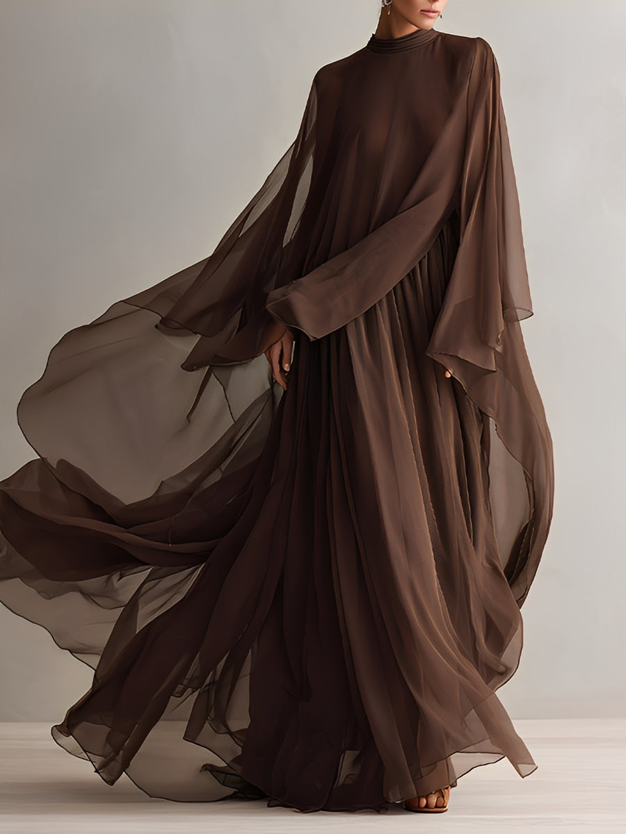 Brown Chiffon Maxi Dress with Cape Sleeves for Wedding Guest