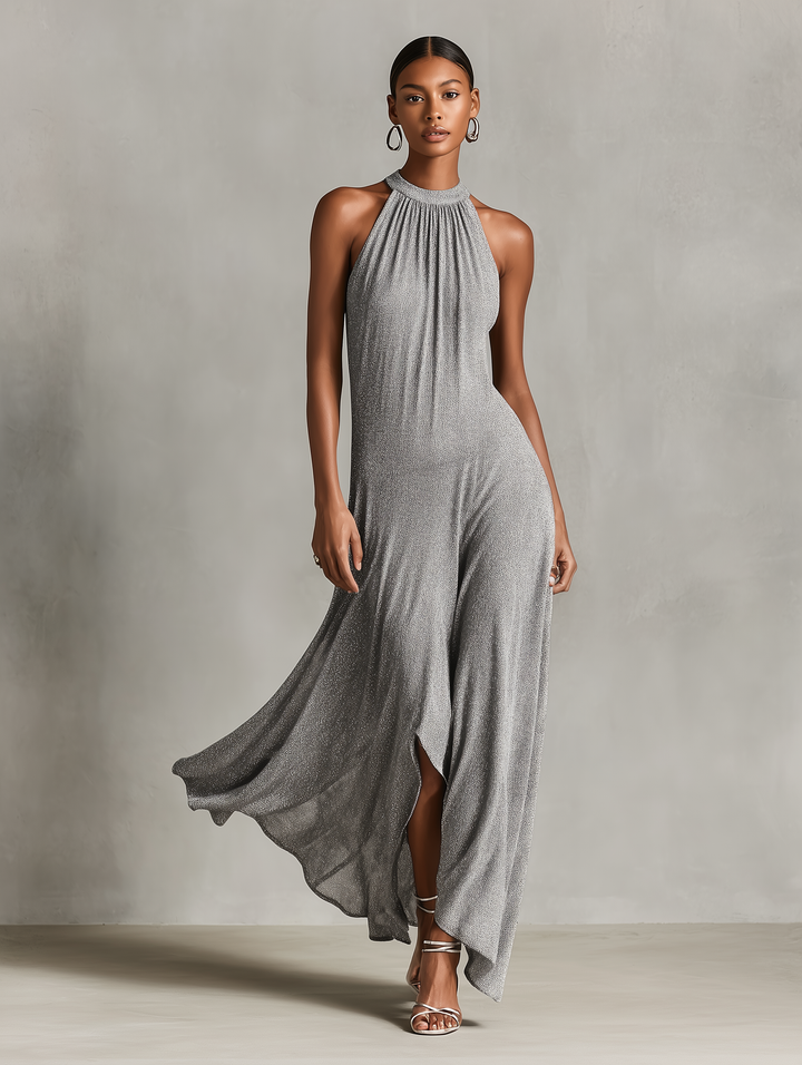 Metallic Halter Maxi Dress Silver High Low Hem Evening Gown